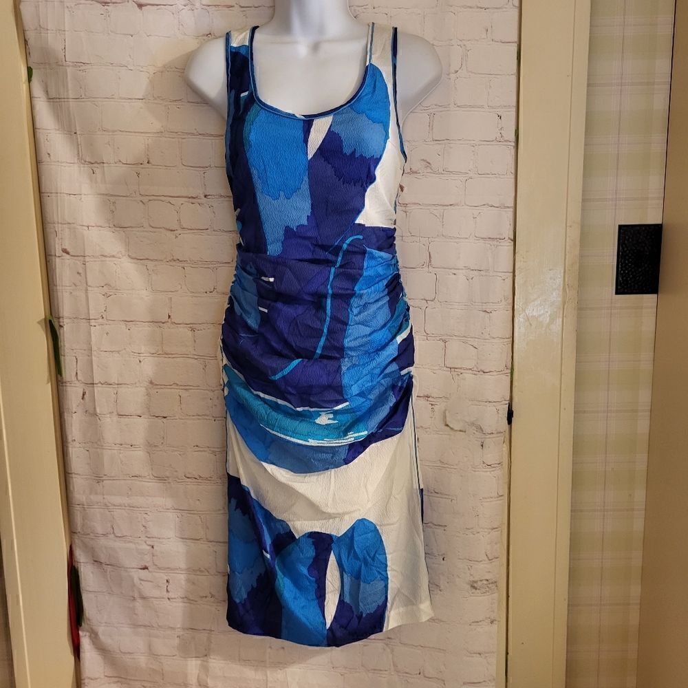 NWT Tracy Reese Blue/Wht Silk Sleeveless Ruched Tropical Print Dress Sz.4 $248